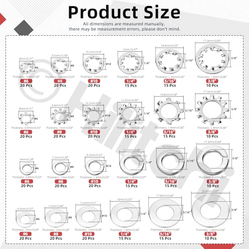 Hilitchi 400PCS 6 Sizes British 304 Stainless Steel External Star Washer Internal Serrated Lock Washer Set Split Washers Quick Speed Locking Washer for Screws Bolts(#6#8#10 1/4” 5/16” 3/8”) British System