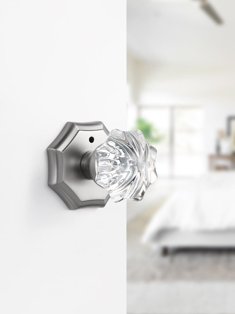 1 Pack Glass Door Knobs Nickel Door Knob Interior Satin Nickel Privacy Brushed Nickel Glass Silver Door Knob for Bedroom and Bathroom Crystal Door Knobs 1
