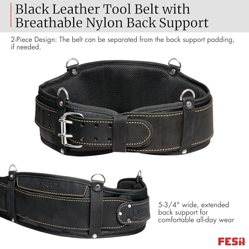 FESA Padded Leather Tool Belt with Back Support Have D-rings for Suspenders Black