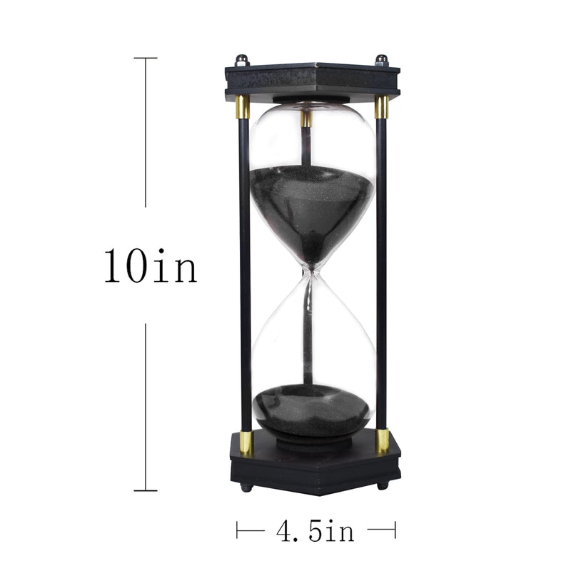 Hourglass Timer 60 Minute, Hexagon Wooden Frame Decorative Sand Timer (Black Sand, Large Size) Hexagon Black Sand