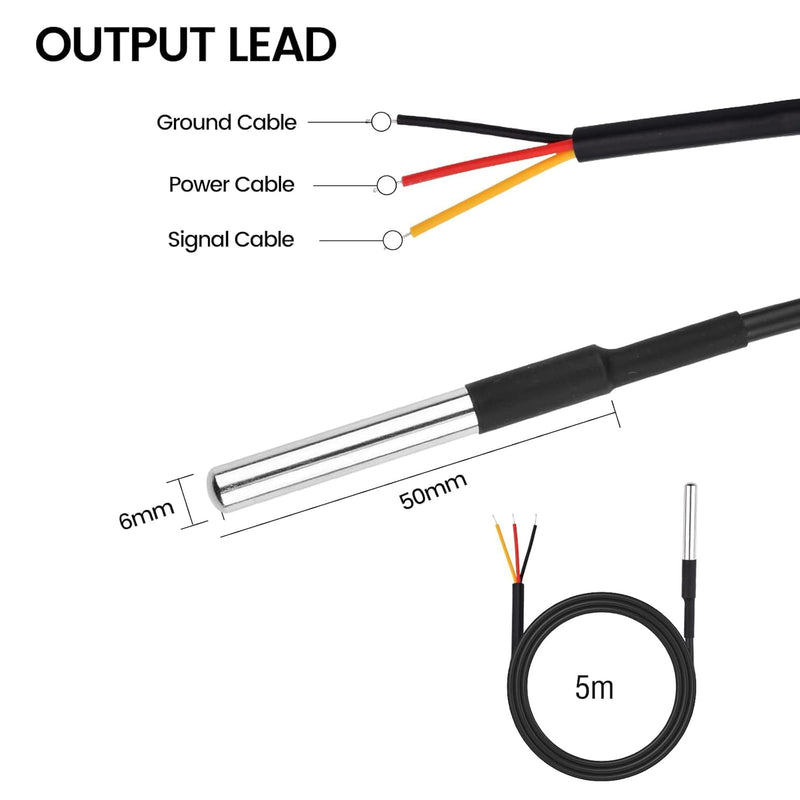 Diymore DS18B20 Temperature Sensors, 5pcs 5M Waterproof Digital Probes with Stainless Steel Cable for Arduino, Raspberry Pi & Shelly Projects 5pcs 5M DS18B20