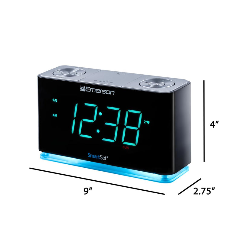 Emerson Smartset Alarm Clock Radio with Bluetooth Speaker with USB Port for iPhone/iPad/iPod/Android and Tablets, 1.4" Cyan LED Display and Night Light, ER100301