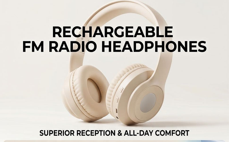 Tangxi Portable Personal FM Radio Headphones with Best Reception, Rechargeable & Foldable, FM Radio Ear Muffs Wireless Headset for Jogging, Mowing, Cycling, Meeting (Creamy White)