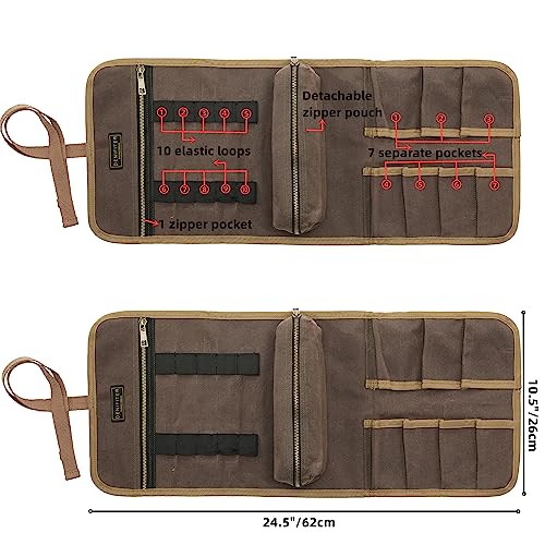 Tool Bag, Heavy Duty Waxed Canvas Wrench Tool Roll Up Pouch, Multi-Purpose Small Hand Tools Organizer Holder with 1 Small Detachable Tool pouch and 1 Zipper Pockets (Grey) Grey