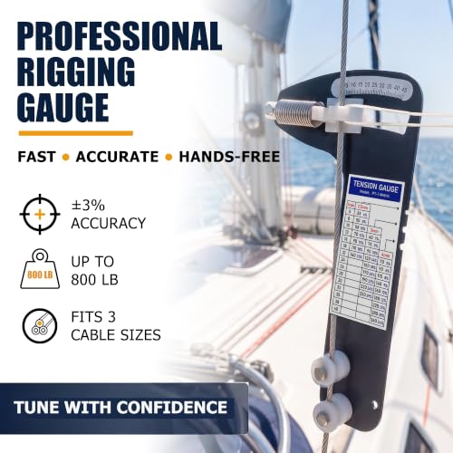 PT-1M Sailboat Rigging Tension Gauge, 800 lb Professional Hands-Free Force Gauge for 3/32", 1/8" & 5/32" Wire Cable, Marine Tension Gauge for Standing Rigging with Stainless Steel Anti-Loss Lanyard