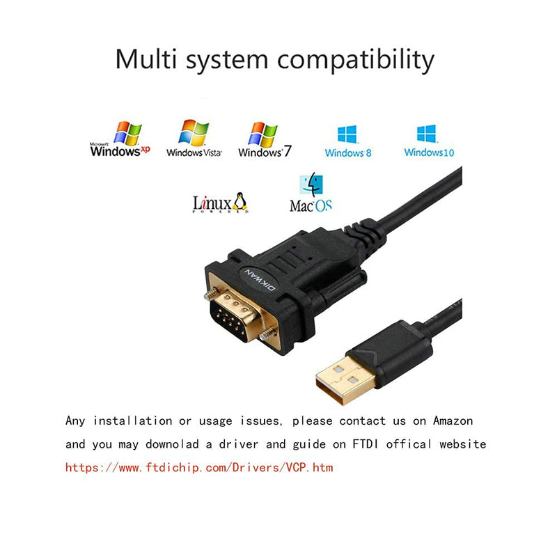 USB to RS232 DB9 Serial Cable Male Converter Adapter with FTDI Chipset for Windows 11,10, 8.1, 8, 7, Vista, XP, 2000, Linux and Mac OS X 10.6 (10ft)… 10FT USB to Serial DB9