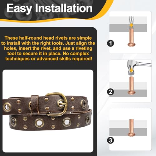 uxcell 150 Pcs Copper Solid Rivets, 0.16"x0.47" Half Round Head Rivet Metal Fasteners for Electrical Applications, Leather DIY Craft Supplies (M4x12) 0.16"x0.47"