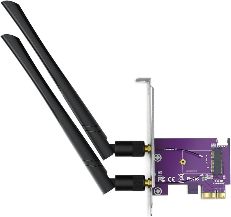 H!Fiber PCIE X1 to M.2/NGFF (A+E Key) Module Adapter Card with Dual-Band 2.4&5G 2X 5dBi Antenna M.2/NGFF (A+E Key)