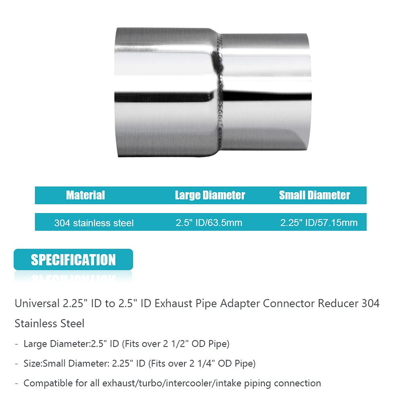 Universal 2.25" ID 2.5" ID Exhaust Pipe Adapter Connector Reducer 304 Stainless Steel 2.25 Inch to 2.5 Inch 2 1/4” ID to 2 1/2” ID kit 2.25" ID 2.5"ID
