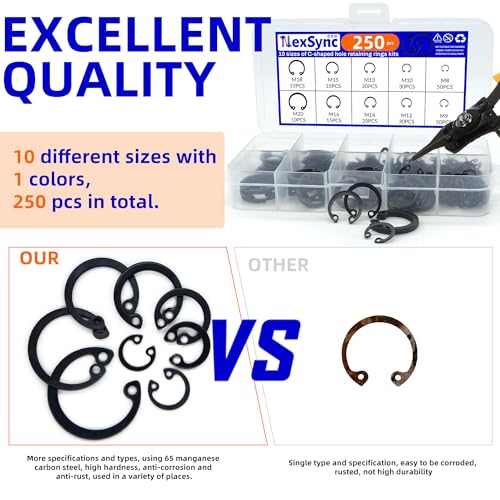 250Pcs c clips Internal Retaining Rings Snap Rings Assortment Kit Circlip Alloy Steel(M8-M20) + 4-in-1 Snap Ring Pliers with 3 Extra Convertible Jaws Manganese Steel 250-pc C-Clips(Internal)+Pliers