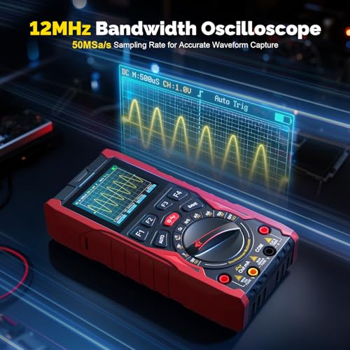 3-in-1 Handheld Oscilloscope Multimeter with Signal Generator, 12MHz Bandwidth 50MS/s Portable Digital Oscilloscope Multimeter, True RMS Auto-Ranging, 1500mAh Battery for Electronics Repair HO-13