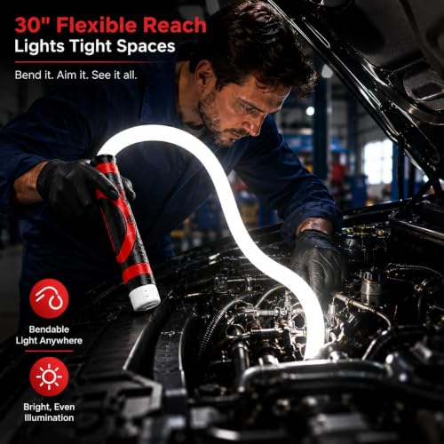 Flexible LED Flashlight Stick, 30" Bendable Mechanic Work Light, 1200LM | Rechargeable Inspection Light with 3 Modes, USB-C Charging, IPX6 Waterproof for Car Repair, Under Hood and Tight Spaces 30"