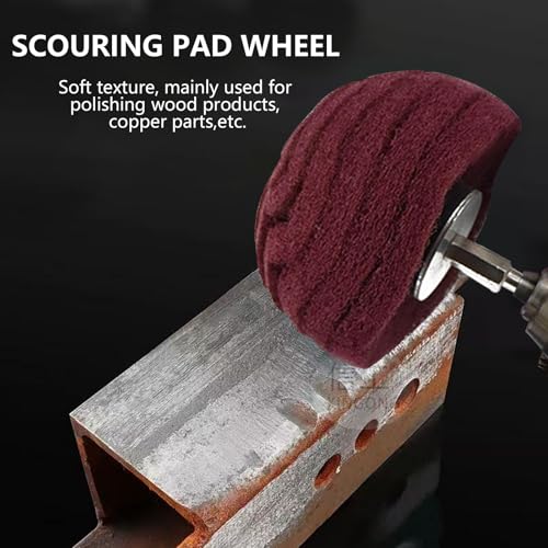 Scouring Pads Non Woven Abrasive Drill Cleaning Kit, 6 Pcs Abrasive Buffing Polishing Wheel Drill Attachment Set, 3 Green and 3 Red