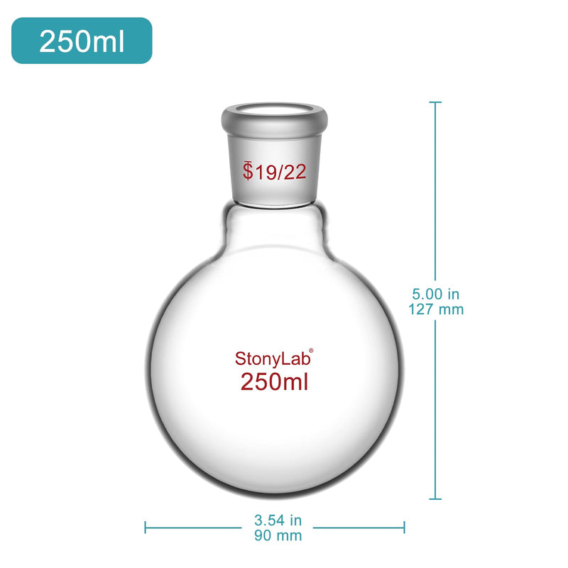 StonyLab Borosilicate Glass 250mL Heavy Wall Single Neck 1 Neck Round Bottom Flask RBF, with 19/22 Standard Taper Outer Joint - 250mL 250 ml