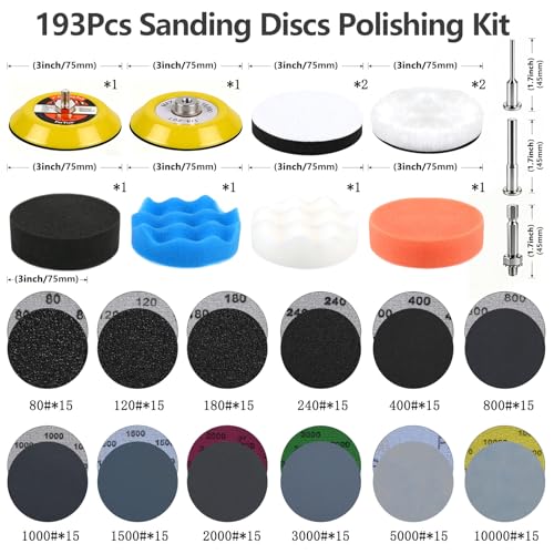 193 Pcs 3 Inch Sanding Discs, Headlight Restoration Polishing Kit 193Pcs 80-10000 Grit