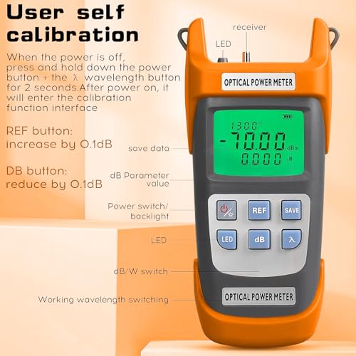 Fiber Optical Power Meter with SC FC Connector, -70~10dBm, 10 Optic Wave Length, Optic Test Equipment for CCTV Communication Engineering (Orange) Orange 1