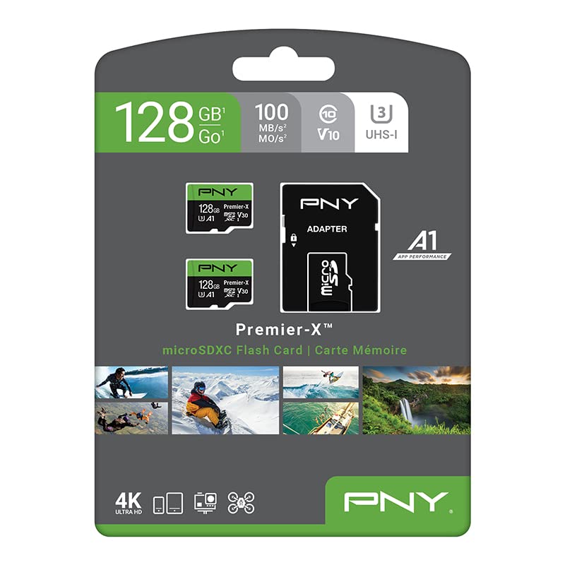 PNY 128GB Premier microSDXC Class 10 U3 V30 A1 Memory Card 2-Pack - 100MB/s, 4K UHD, Full HD, UHS-I, micro SD FLASH CARD - 2 PACK