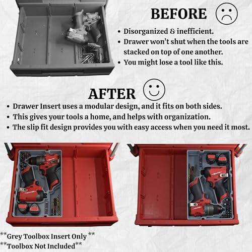 Custom ABS Plastic Insert for Milwaukee M12 Drill & Driver, One Insert Fits 2 CP Batteries, 1 Impact Driver & 1 Drill in a half drawer of a Milwaukee Packout 48-22-8442 & 48-22-8443 (Grey) Grey