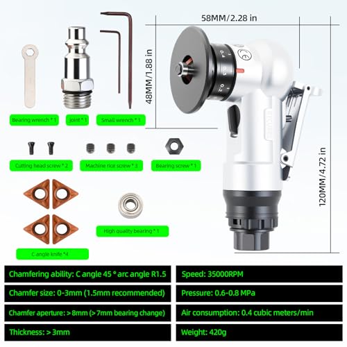 Pneumatic Chamfering Tool Handheld, Mini Air-Powered Chamfering Machine with 4 C-Blades (2 Pre-Installed), 45° Right-Angle Trimming, 1/4 Inch Air Inlet for Metal, Wood Beveling & Deburring Silvery White