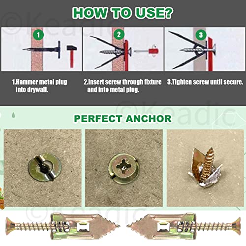 Keadic 200 Pieces 12 x 30mm Drywall Self-Drilling Anchors with Screws Kit, No Drill or Holes in Wall, Hangs up to 66 lbs