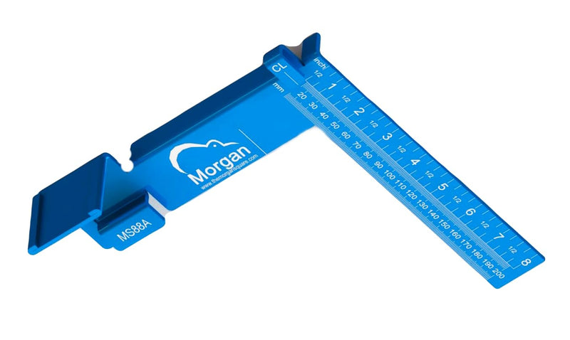 Kiwi Vision® Morgan™ Square Blue 8-inch: Single Motion Measuring & Marking, Centerline Mark, Tongue is 1 1/2, Pencil Holder, 1 1/2 Mark for Openings, Imperial and Metrics, Standard Tape Measure Mount Blue Aluminum