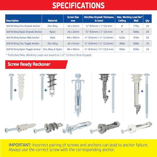  [AUSTRALIA] - Versitile Drywall Anchor Kit, 5 Heavy Duty Self Drilling Anchoring Solutions - 160 pc Hollow Wall Anchor Kit (80 Anchors & 60 Screws) - Use in Drywall, Hollow Wall, Plasterboard, Tile