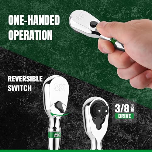 SK 3/8" Drive Stubby Ratchet Handle, 90-Tooth Pear Head, Alloy Steel