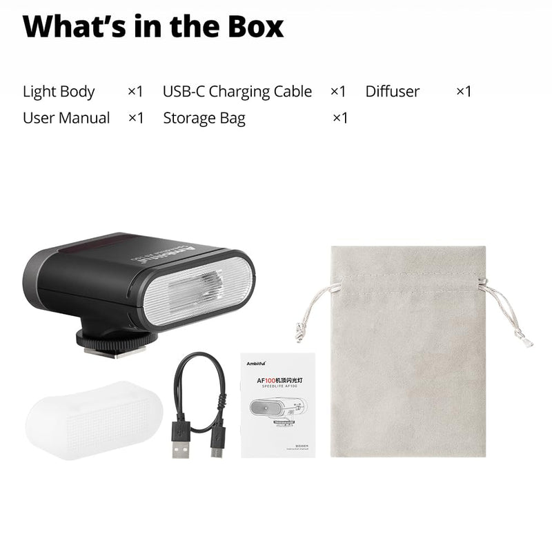 Ambitful Flash AF100 Mini Flash - Camera Flash GN12, 8 Power Levels, Built-in 2000mAh Battery Manual Speedlite Compatible for Canon/Sony/Ricoh gr3/Nikon/Fuji 0.1~1.8S Recycle
