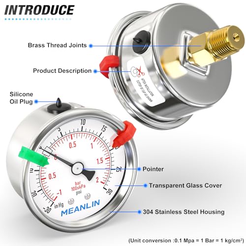 MEANLIN MEASURE -30inHG~30Psi Vacuum Gauge Stainless Steel 1/4" NPT 2" FACE DIAL Waterproof for Air Compressor HVAC Negative Pressure Hand Pump Pool Center Back Mount (with 2PCS Snaps) -30inHG-30Psi