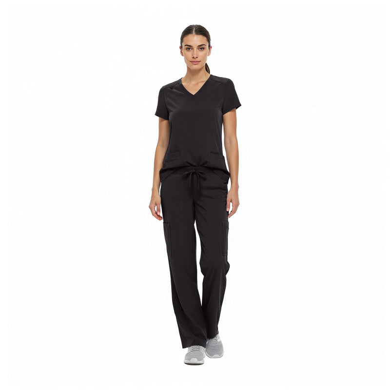 Natural Uniforms Women's Cool Stretch V-Neck Top and Cargo Pant Scrub Set with Regular and Petite Sizes Large Black