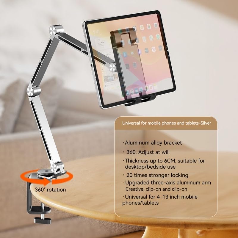 Rotatable Holder Stand Tablet Holder Multi-Angle Design Phone Clip Swivel Mount Desktop Aluminum Alloy Cantilever Bed Desk Home Live Folding Bracket Compatible with 4"-13" Phone Tablet (Silver) Silver