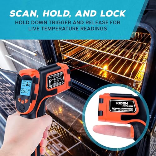 Kizen Infrared Temperature Gun - Handheld Surface Infrared Thermometer for Griddle, Grill, Pizza Oven, Candy, & A/C - Laser Thermometer Gun -58F to 1112F - Surface Temp Gun Orange