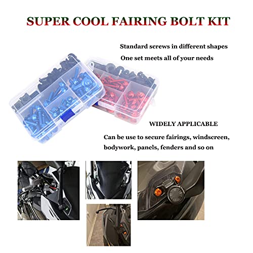 Universal Fairing Bolt Kit 195 PCS M5 M6 Motorcycle Windscreen Screws Fasteners Accessories Replacement for Yamaha Honda Kawasaki Suzuki BMW Sportbike Mounting Kits Washers Nuts Screws Clips red