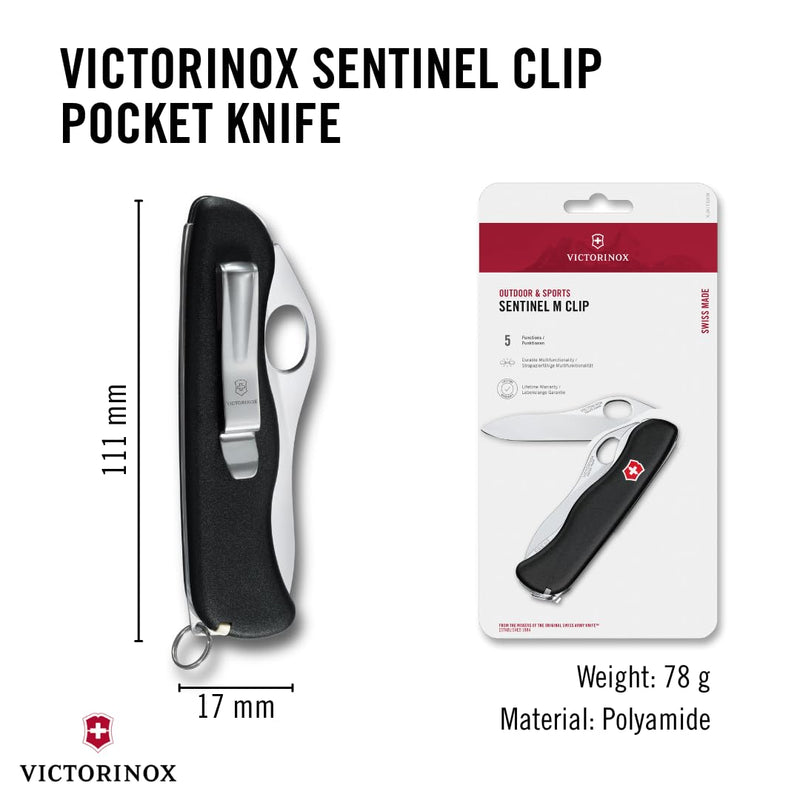 Victorinox Sentinel One-Hand Pocket Knife with Lock Blade and Clip - Black | Swiss made stainless steel construction, 5 functions, ultra lightweight streamlined design, key ring, and slim profile