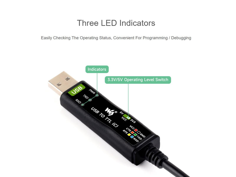 waveshare Industrial USB to TTL 6pin Serial Adapter Cable, USB to TTL (C) Converter Onboard FT232RNL Chip,Compatible with Win11/10/8.1/8/7,Mac, Linux, Android,3.3V/5V Voltage Level Switching