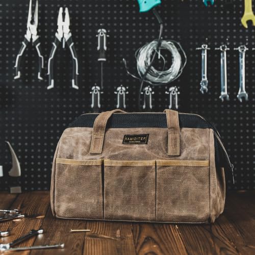 Tool Bag, 13-inch Heavy Duty 16oz Waxed Canvas Wide Mouth Water-Resistant Tool Bag, Tool Tote with Handle for Tools, Wrenches, Screwdrivers (13 X 7 X 9 inch) | Grey 13 Inch