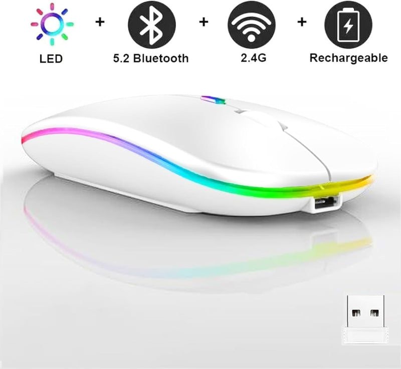 Wireless Bluetooth Mouse,LED Dual Mode Rechargeable Silent Slim Laptop Mouse,Portable(BT5.2+USB Receiver) Dual Mode Computer Mice,for Laptop,Desktop Computer,ipad Tablet,Phone,TV (White) white