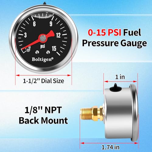 Boltigen Fuel Pressure Gauge, 1/8'' NPT Inline Fuel Pressure Guage Kit with 3/8'' Barb, Stainless Steel, 0-15Psi Glycerin Filled, Center Back Mount (Black) Black