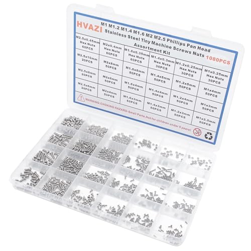 1080PCS M1-M2.5 304 SS Phillips Pan Head Tiny Machine Screws Nuts Kit M1/M1.2/M1.4/M1.6/M2/M2.5