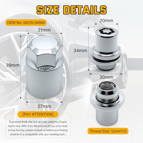 Anti Theft Wheel Lock Lug Nut Set M12 x 1.5 Compatible with Toyota Camry Tacoma Corolla Highlander Avalon RAV4 Sienna Venza Celica Prius Matrix CHR Mirai Lexus RX350 IS250 ES350 NX200T, 00276-00900