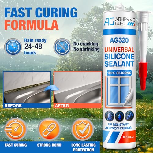 Adhesive Guru All Purpose Clear Silicone Sealant Waterproof 10.15 fl.oz, 100% Silicone Caulk, Weatherproof & Flexible Adhesive Sealant for Indoor and Outdoor Use, Transparent - 1 Pack 10.15 fl oz