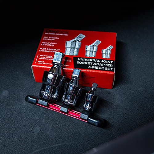 Olsa Tools Universal Joint Set - 3 Pc 1/2",3/8" & 1/4" Drive - Swivel U-Joint Socket Kit with Aluminum Rail - Ball and Angle Socket Adapters - Part 1243 1/4, 3/8 & 1/2" Drive Regular
