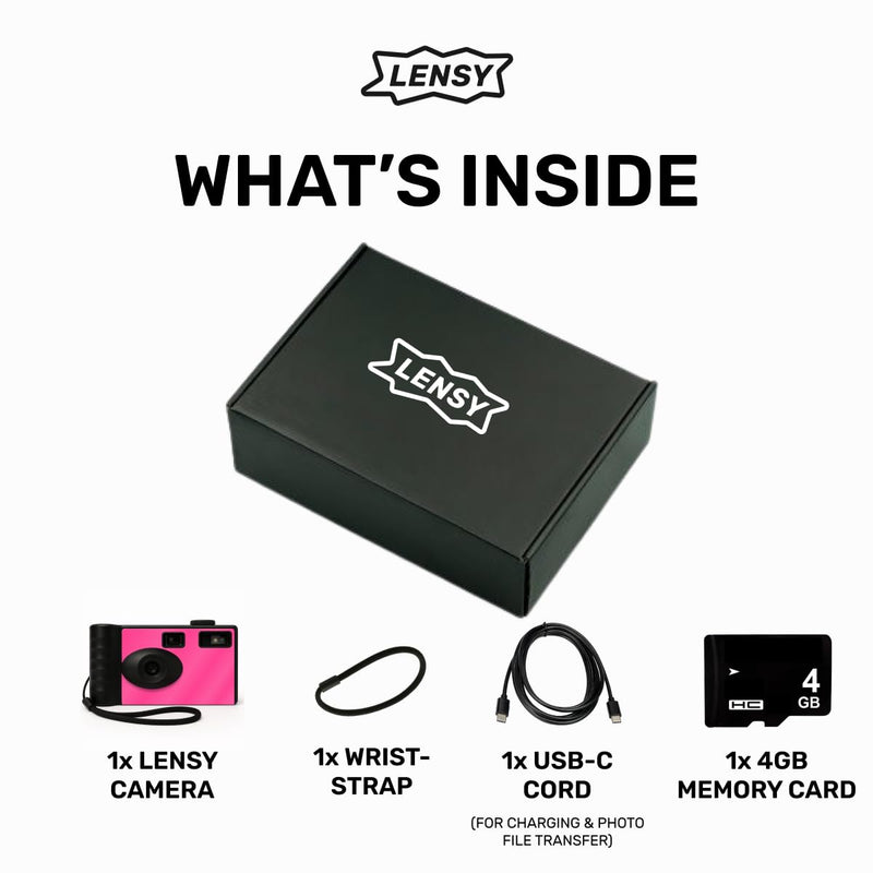 LENSY Screen Free Digital Camera | Four Built in Filters | Rechargeable, 8mp, Lightweight, Focus-Free, Auto-Flash, Easy-to-Use, Reusable, Retro Film-Style Photos (Pink) Pink