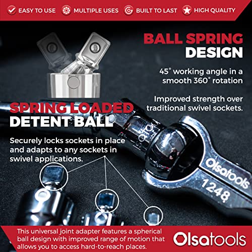 Olsa Tools Universal Joint Set - 3 Pc 1/2",3/8" & 1/4" Drive - Swivel U-Joint Socket Kit with Aluminum Rail - Ball and Angle Socket Adapters - Part 1243 1/4, 3/8 & 1/2" Drive Regular