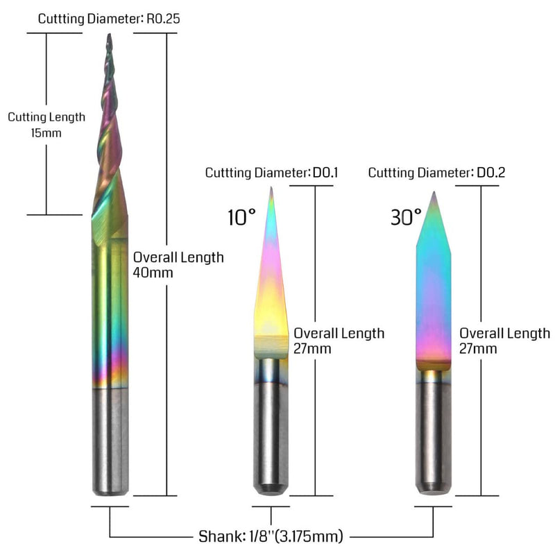 Genmitsu 3PCS V-Shape Tapered Ball Nose End Mills for Aluminum, Copper, Brass Engraving and Other Metals Carving, Chromatic Coating CNC Bits, 1/8''(3.175mm) Shank, EM03A