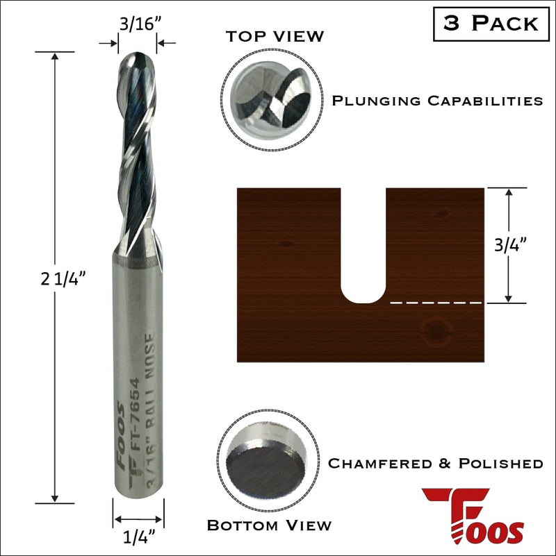 FOOS - Ball Nose Spiral Router Bit Set - Solid Carbide - 1/4” Shanks - Veteran Owned (3pcs 1/4" 3/16" 1/8") 3pcs 1/4" 3/16" 1/8"