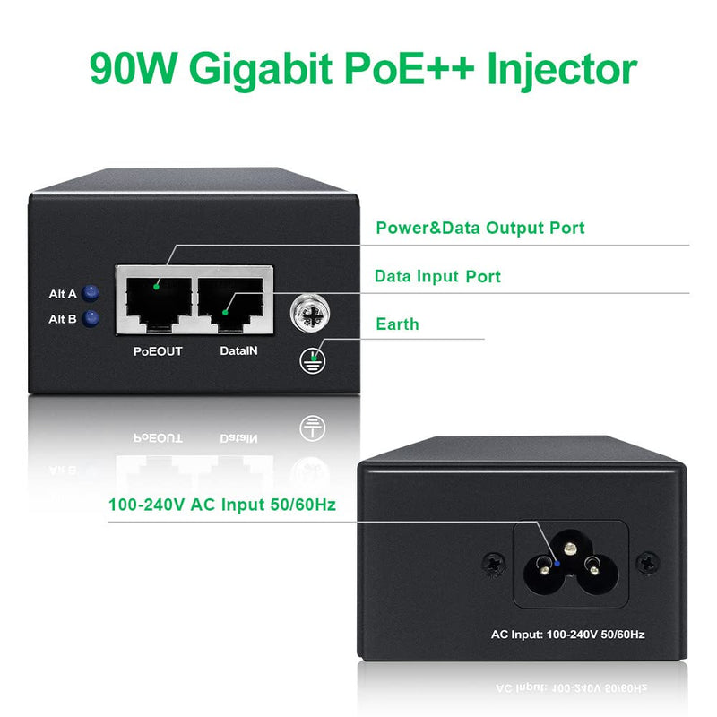 PE90-BT | 90W Gigabit Ultra PoE++ Injector, 56V Power on Ethernet Adapter,Comply with IEEE 802.3bt/at/af, 10/100/1000Mbps Shielded RJ-45 Ports,Metal Housing,Plug and Play