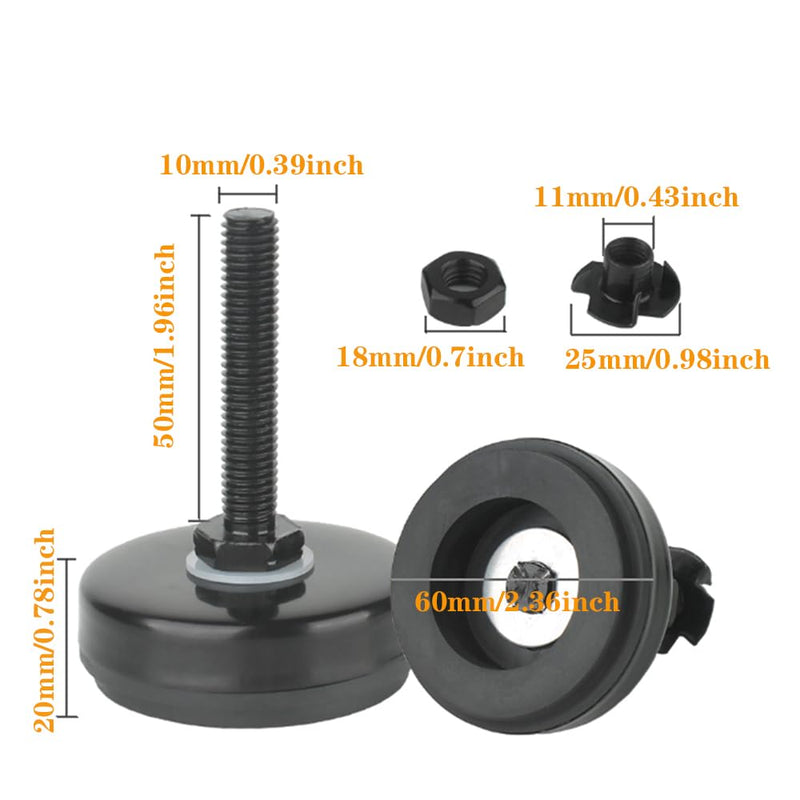 Heavy Duty 1102 lb Leveling feet 2.36" Dia Base,M10 Thread | Suitable for Adjusting Furniture, Tables, Workbenches, Machinery Equipment, Cabinets, Etc（D60xM10x50,4 Pack, black）