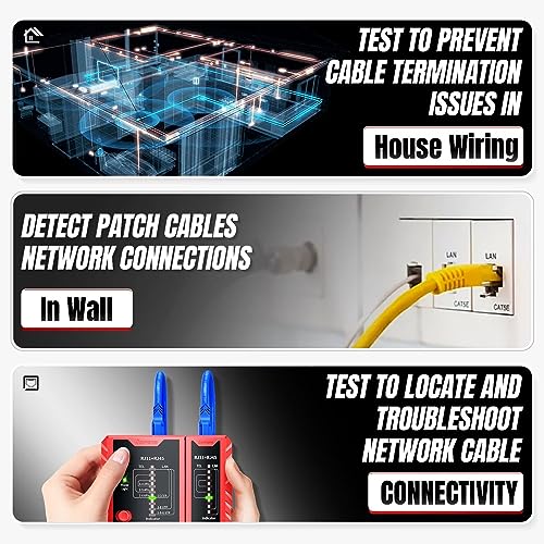 AMPCOM Network Cable Tester RJ45 for LAN & TEL Continuity of RJ45/11/12 CAT5E CAT6 CAT7 UTP & STP Shielded Ethernet Wires Test Tool - W/Carrying Bag - Red