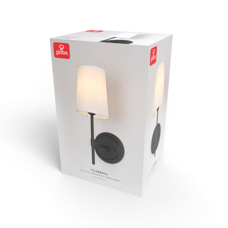 GLOBE Electric 51859 1-Light Wall Sconce, Matte Black, White Fabric Shade, Wall Lighting, Wall Lamp Dimmable, Wall Lights for Bedroom, Kitchen Sconces Wall Lighting, Home Décor, Bulb Not Included Matte Black, White Shade